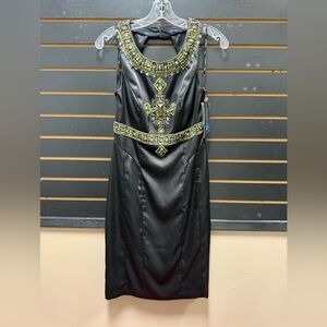 Sue Wong Black and Green Embellished Sheath Midi Dress